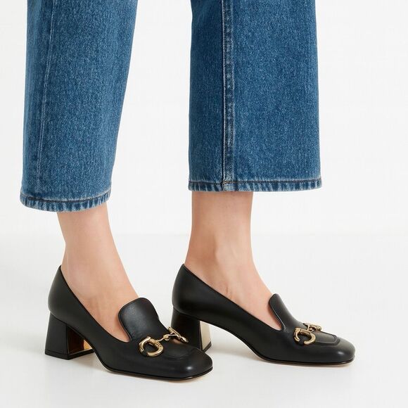 GUCCI Black Baby Bit Horsebit Square Toe Pump Size 39.5 Leather Block Heel - Picture 2 of 12